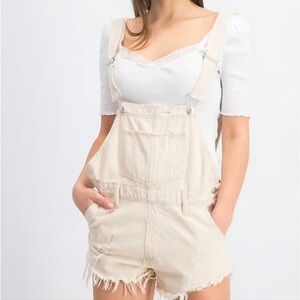 We The Free Women's June Cream Distressed Cotton Bib Shortalls size 30